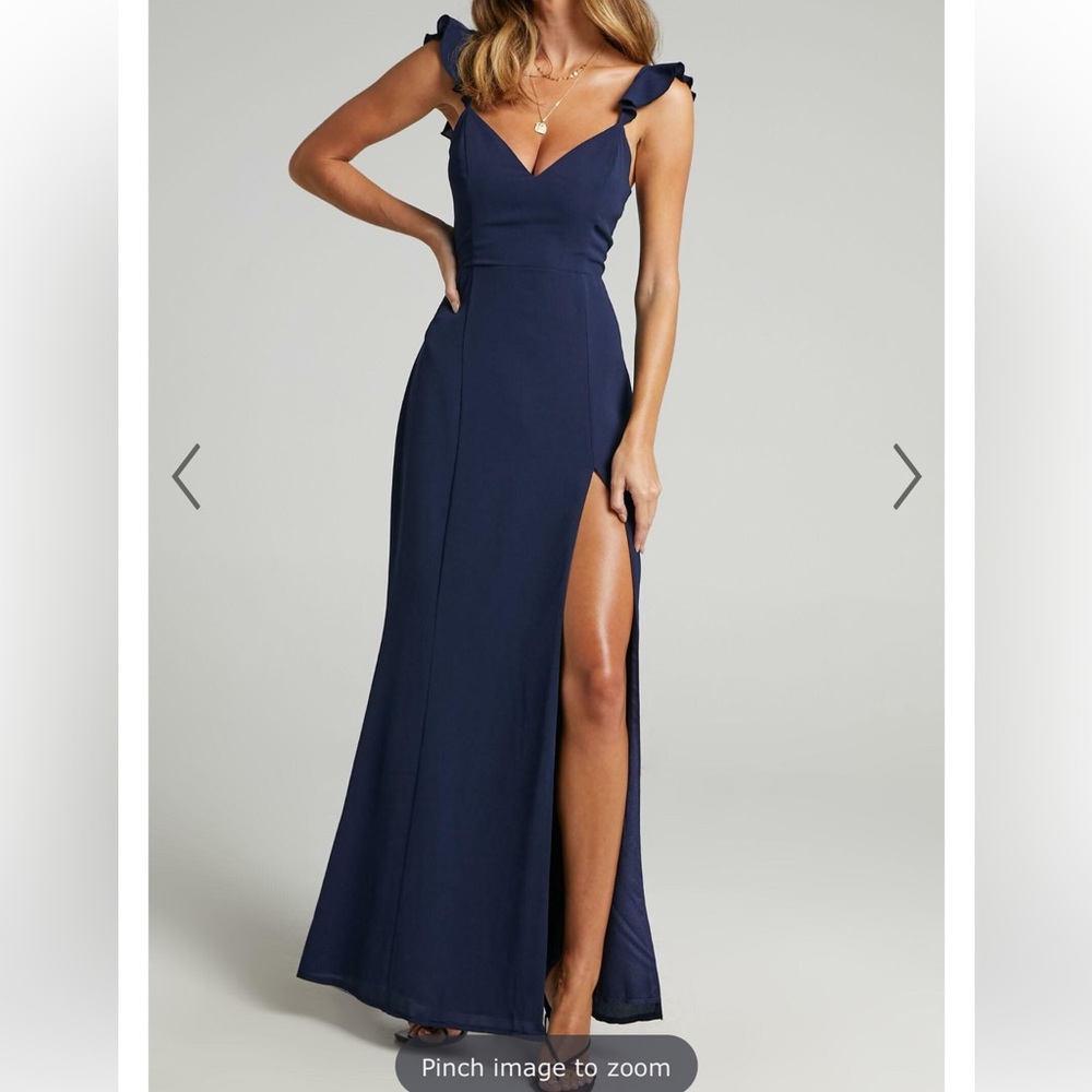 More Than This midi dress - ruffle strap thigh split dress in navy